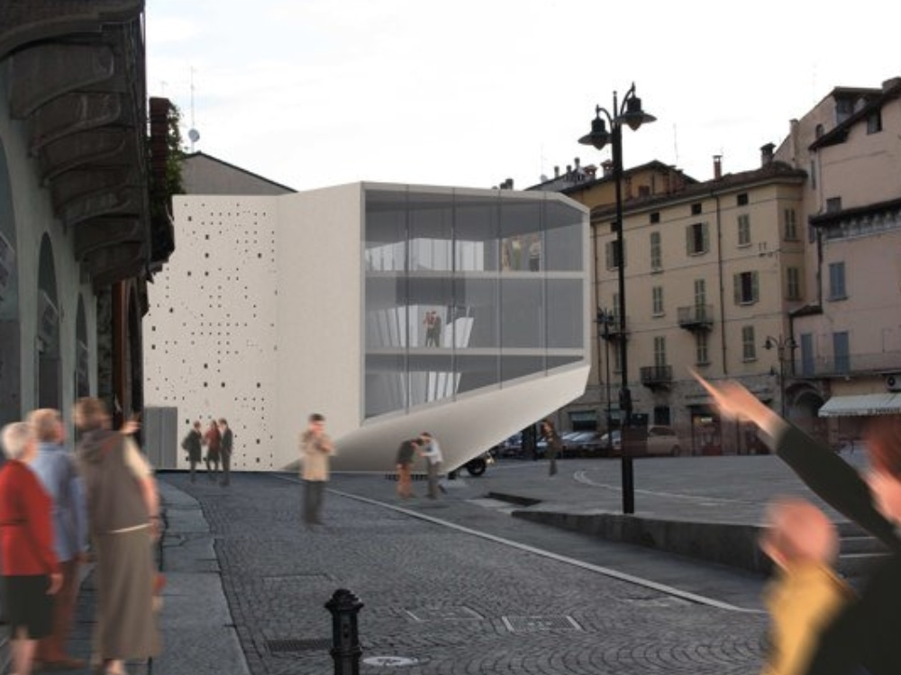 Il «cubo bianco» progettato dall’architetto Giuliano Venturelli visto da corsetto Sant’Agata nel rendering (vincente) presentato al concorso    
