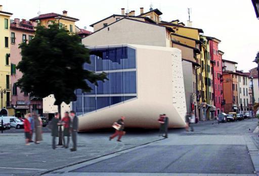 
 Il «cubo bianco» ideato                   dall'architetto Giuliano Venturelli, vincitore del concorso d'idee del Comune